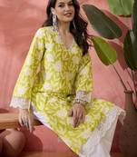Black floral printed v-neck thread work pure cotton straight kurta