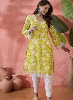 Black floral printed v-neck thread work pure cotton straight kurta 2