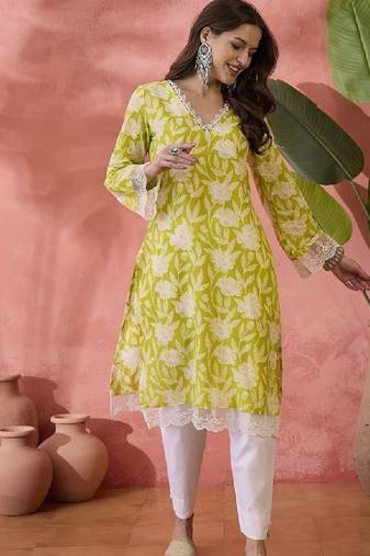 Black floral printed v-neck thread work pure cotton straight kurta