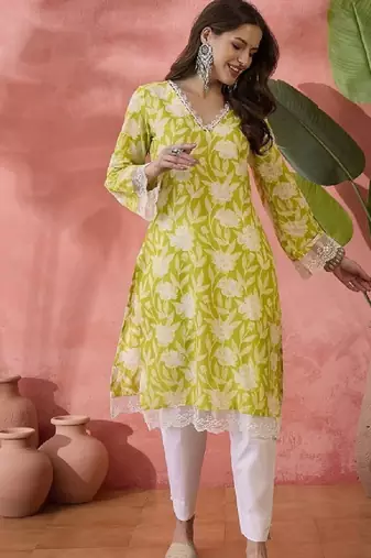 Black floral printed v-neck thread work pure cotton straight kurta