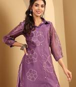 Floral printed cuff sleeves shirt collar chanderi silk straight kurta
