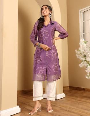 Floral printed cuff sleeves shirt collar chanderi silk straight kurta 2