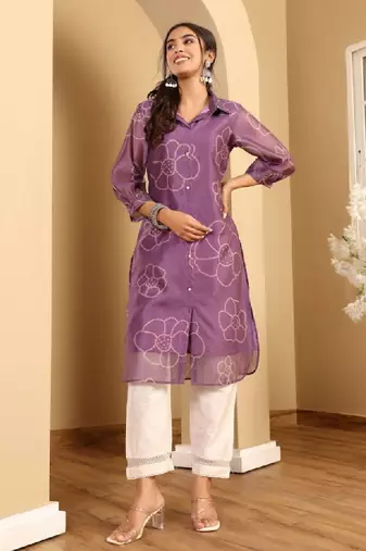 Floral printed cuff sleeves shirt collar chanderi silk straight kurta
