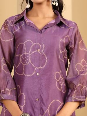 Floral printed cuff sleeves shirt collar chanderi silk straight kurta 3