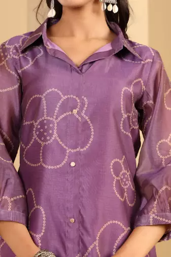 Floral printed cuff sleeves shirt collar chanderi silk straight kurta
