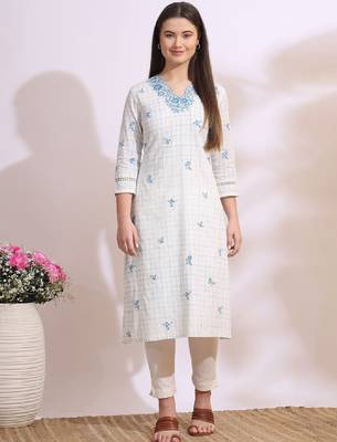 Floral embroidered v-neck thread work pure cotton straight kurta 1