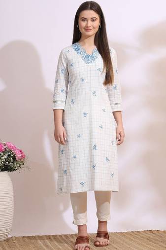 Floral embroidered v-neck thread work pure cotton straight kurta