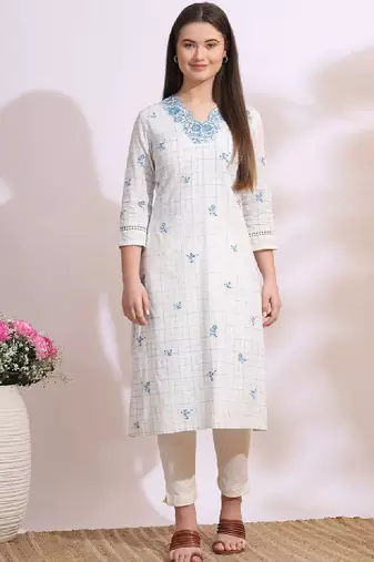 Floral embroidered v-neck thread work pure cotton straight kurta
