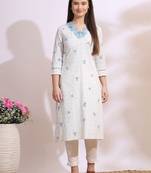 Floral embroidered v-neck thread work pure cotton straight kurta