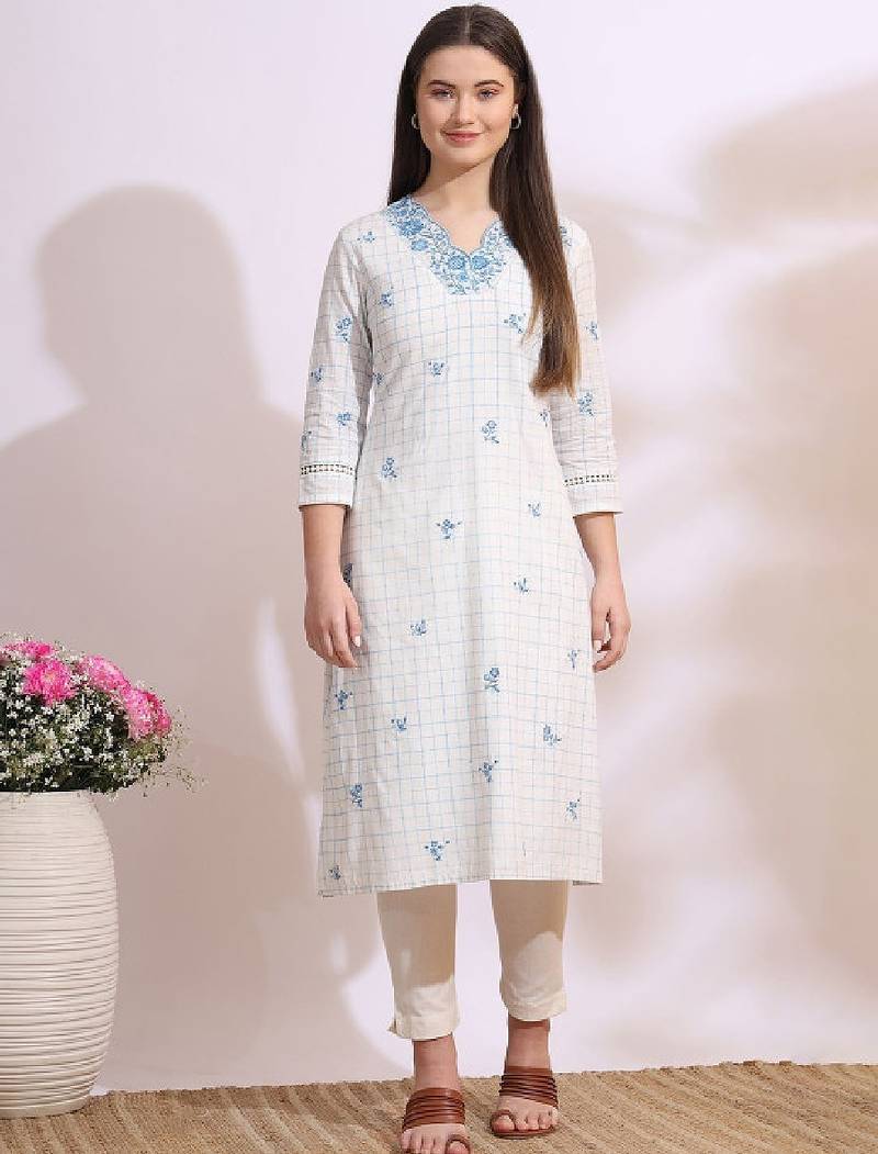 Floral embroidered v-neck thread work pure cotton straight kurta