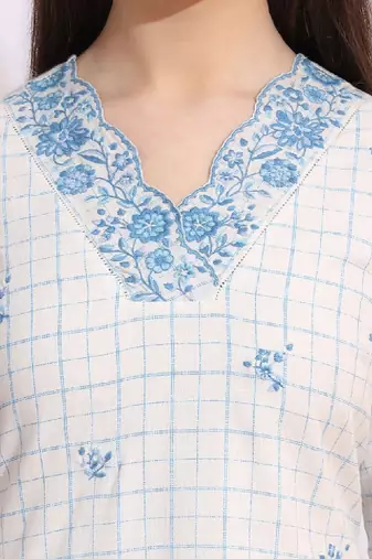 Floral embroidered v-neck thread work pure cotton straight kurta