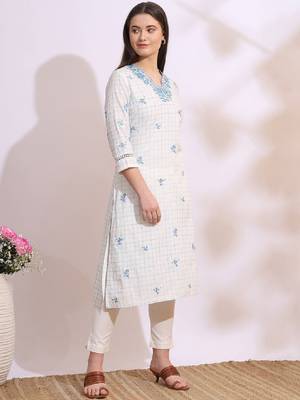 Floral embroidered v-neck thread work pure cotton straight kurta 3