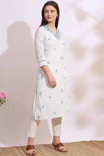Floral embroidered v-neck thread work pure cotton straight kurta