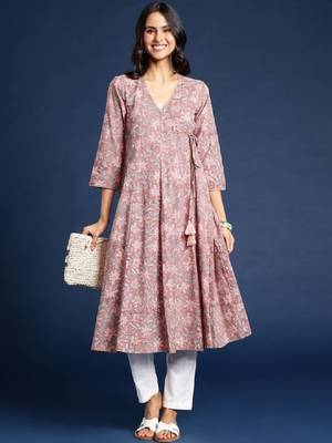Floral printed v-neck angrakha cotton anarkali kurta 1