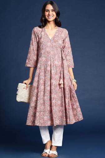 Floral printed v-neck angrakha cotton anarkali kurta