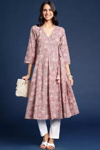 Floral printed v-neck angrakha cotton anarkali kurta