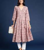 Floral printed v-neck angrakha cotton anarkali kurta