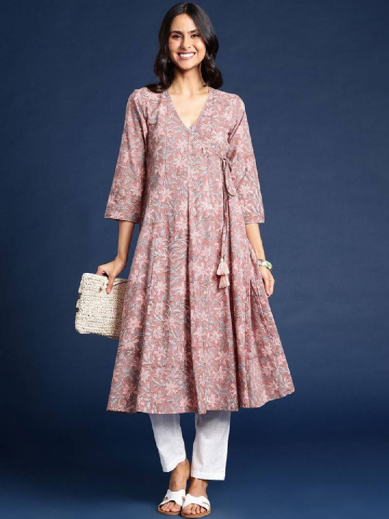Floral printed v-neck angrakha cotton anarkali kurta
