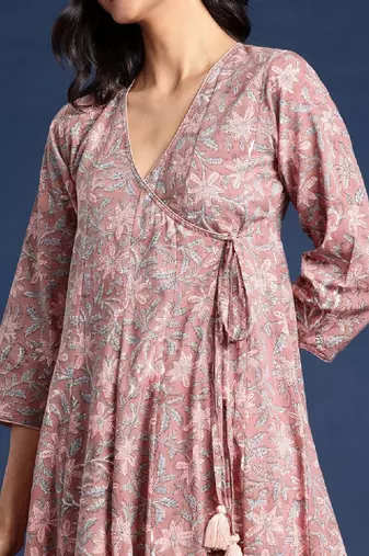 Floral printed v-neck angrakha cotton anarkali kurta