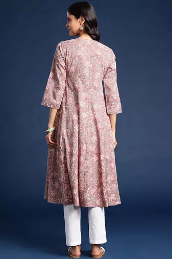 Floral printed v-neck angrakha cotton anarkali kurta