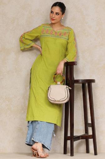 Floral embroidered cotton bell sleeves round neck straight kurta