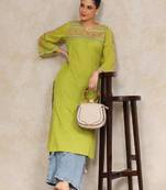 Floral embroidered cotton bell sleeves round neck straight kurta