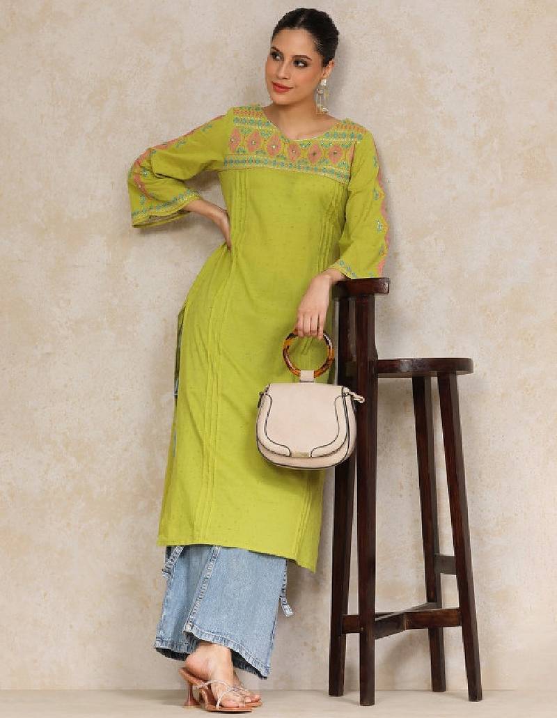 Floral embroidered cotton bell sleeves round neck straight kurta