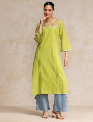 Floral embroidered cotton bell sleeves round neck straight kurta 2