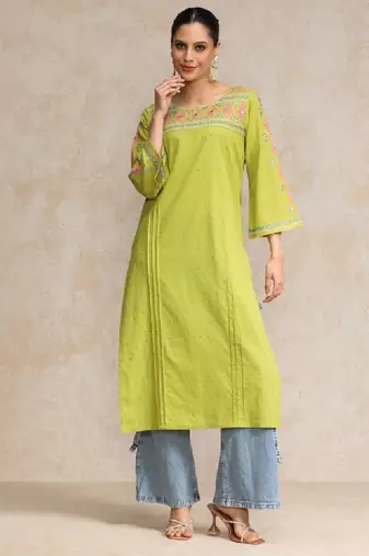 Floral embroidered cotton bell sleeves round neck straight kurta