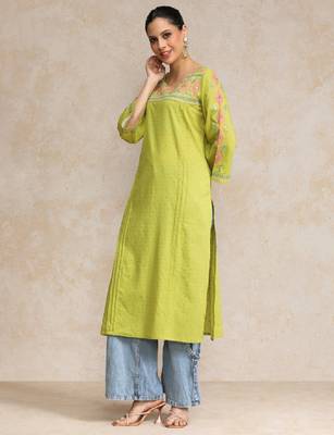 Floral embroidered cotton bell sleeves round neck straight kurta 3