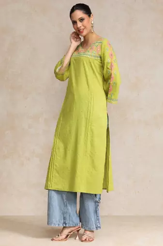 Floral embroidered cotton bell sleeves round neck straight kurta