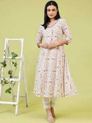 Women floral printed mirror work kurta 1