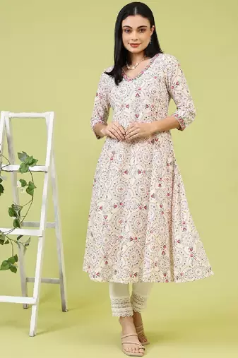 Women floral printed mirror work kurta