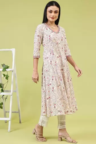 Women floral printed mirror work kurta
