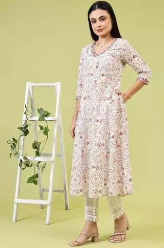 Women floral printed mirror work kurta