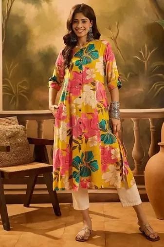 Floral printed mandarin collar a-line kurta