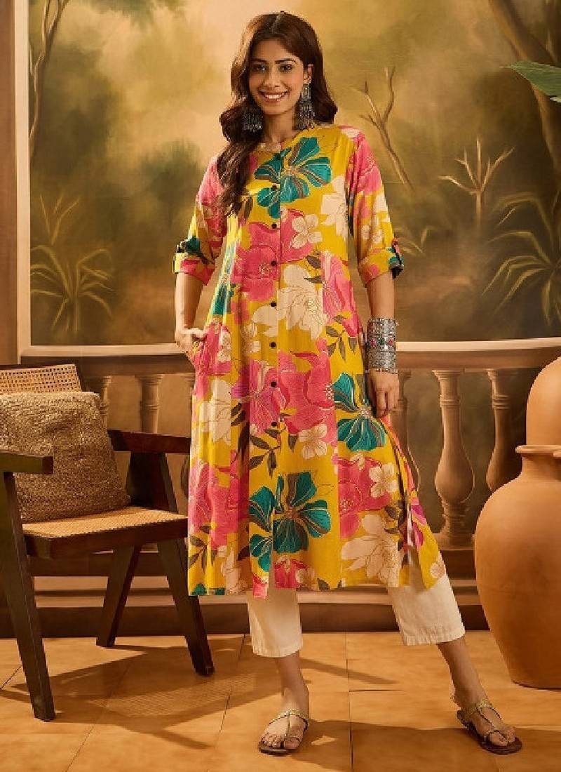 Floral printed mandarin collar a-line kurta