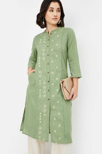 Floral printed panelled mandarin collar cotton straight kurta