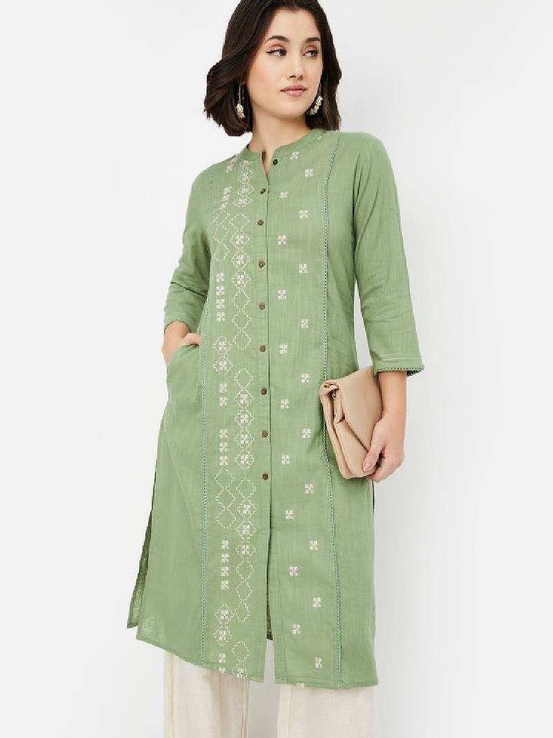 Floral printed panelled mandarin collar cotton straight kurta