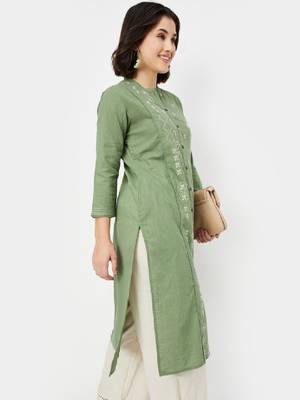 Floral printed panelled mandarin collar cotton straight kurta 3