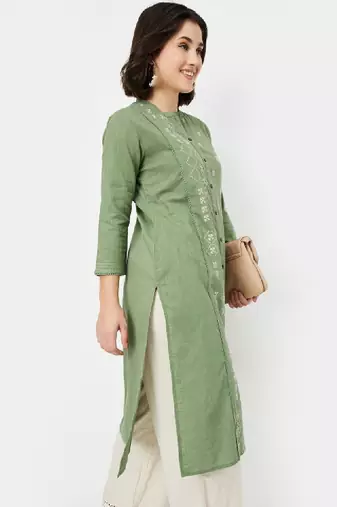 Floral printed panelled mandarin collar cotton straight kurta
