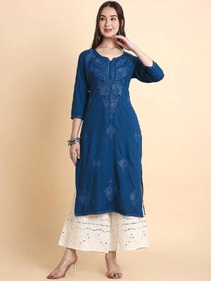 Women rayon chikankari embroidered kurta 1
