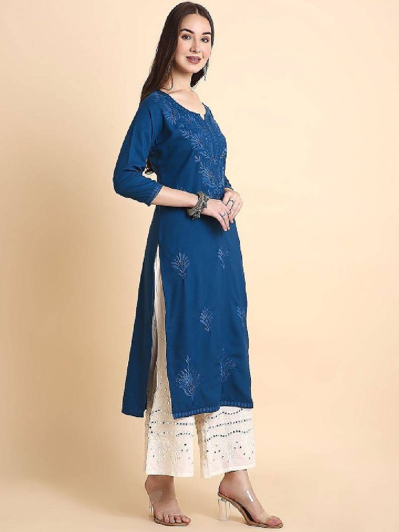 Women rayon chikankari embroidered kurta