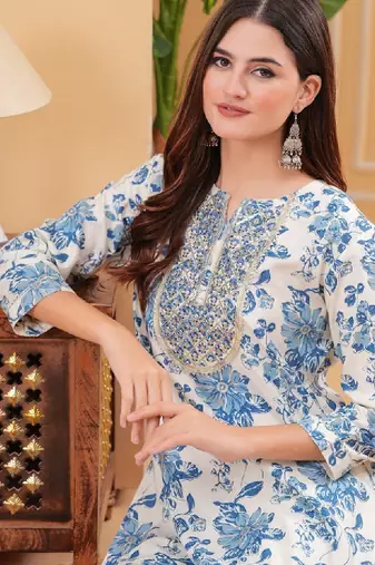 Floral printed gotta patti round neck pure cotton straight kurta