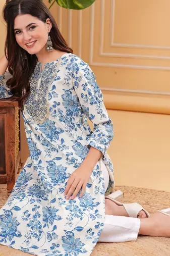 Floral printed gotta patti round neck pure cotton straight kurta