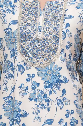 Floral printed gotta patti round neck pure cotton straight kurta