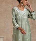 Women green chanderi chikankari embroidered kurta