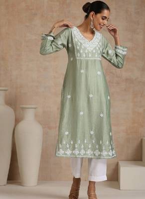 Women green chanderi chikankari embroidered kurta 2