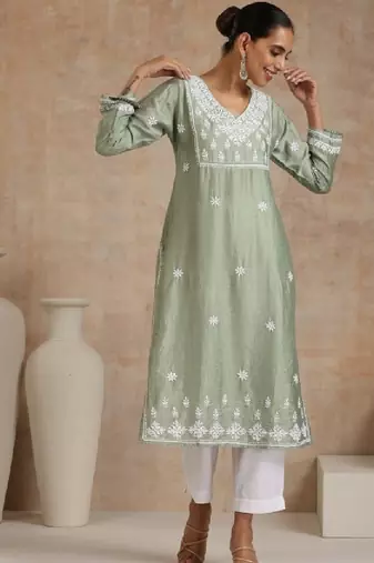 Women green chanderi chikankari embroidered kurta