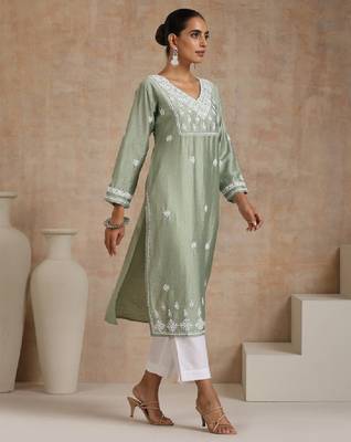 Women green chanderi chikankari embroidered kurta 4